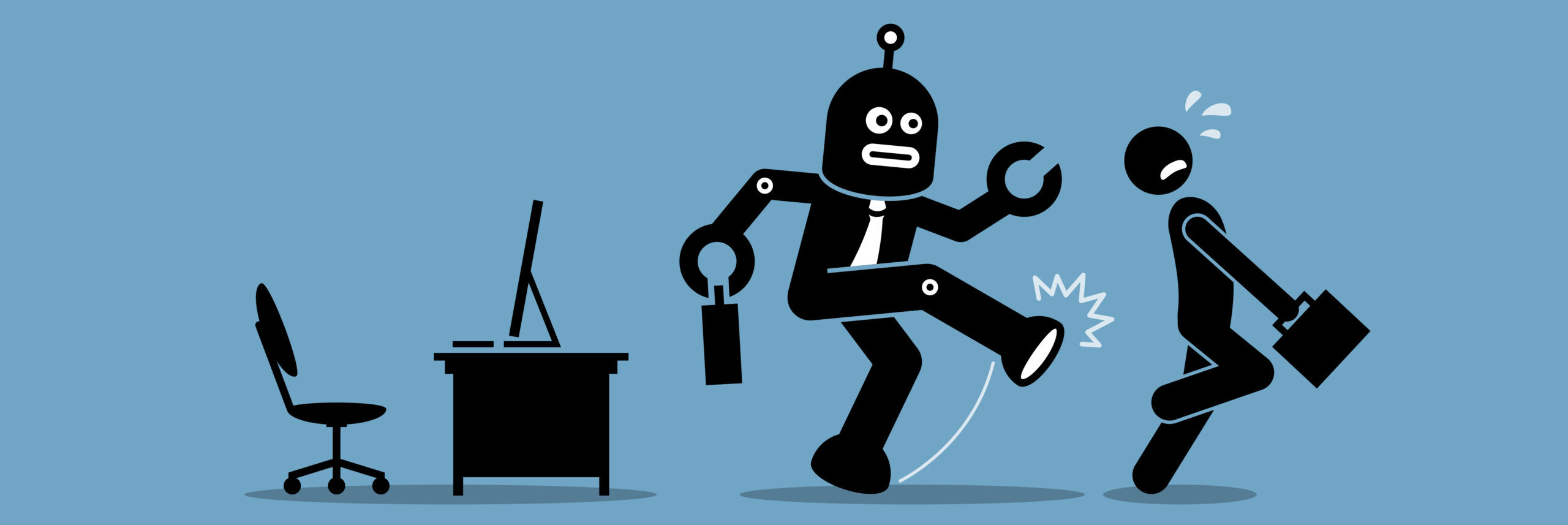 Robot employee kicks away a human worker from doing his computer job at office. Vector artwork depicts automation, future concept, artificial intelligence, and robot replacing mankind.